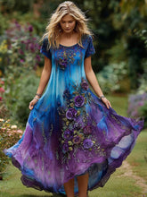 Vintage violet et bleu lavande Patchwork et Floral brodé Art lin Maxi robe des femmes